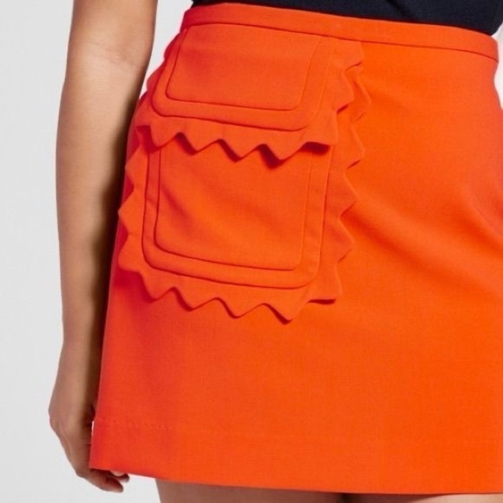 VICTORIA BECKHAM Orange Twill Mini Skirt Scallop Trim Pocket Large - Picture 8 of 10
